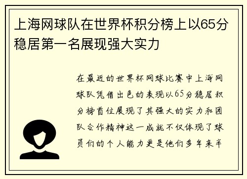 上海网球队在世界杯积分榜上以65分稳居第一名展现强大实力