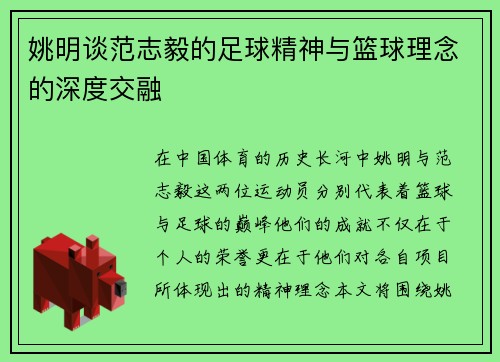 姚明谈范志毅的足球精神与篮球理念的深度交融